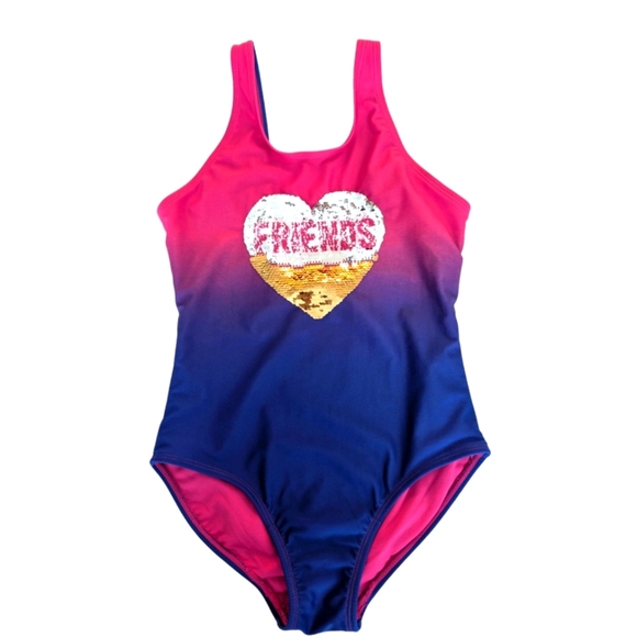 Cat & Jack Girls  Pink and Blue Swimsuit Sequin Heart Size 7-8 - Picture 1 of 4